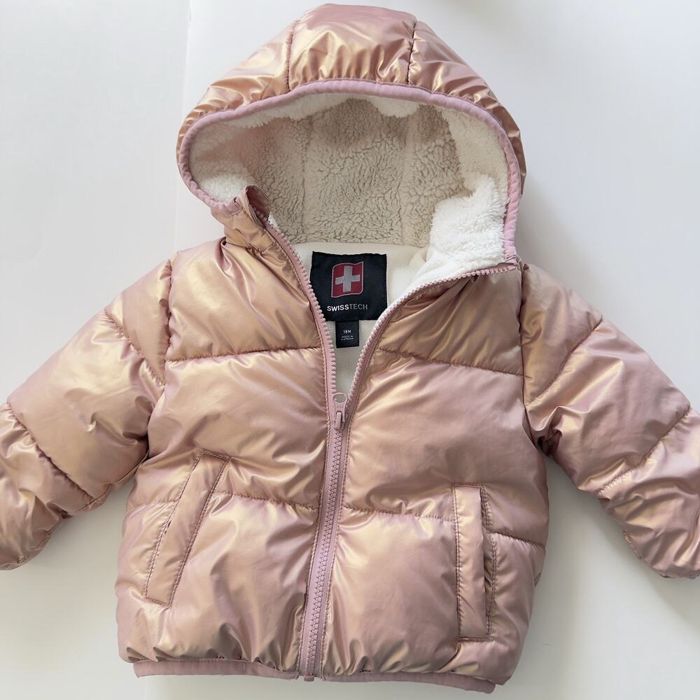 Swiss Tech Size 18M Heavyweight Puffer Jacket Rose Gold Pink Mitten Hands